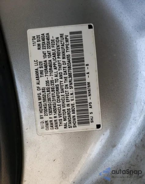 2005 Honda Odyssey Touring from USA, damaged, VIN 5FNRL38875B034455